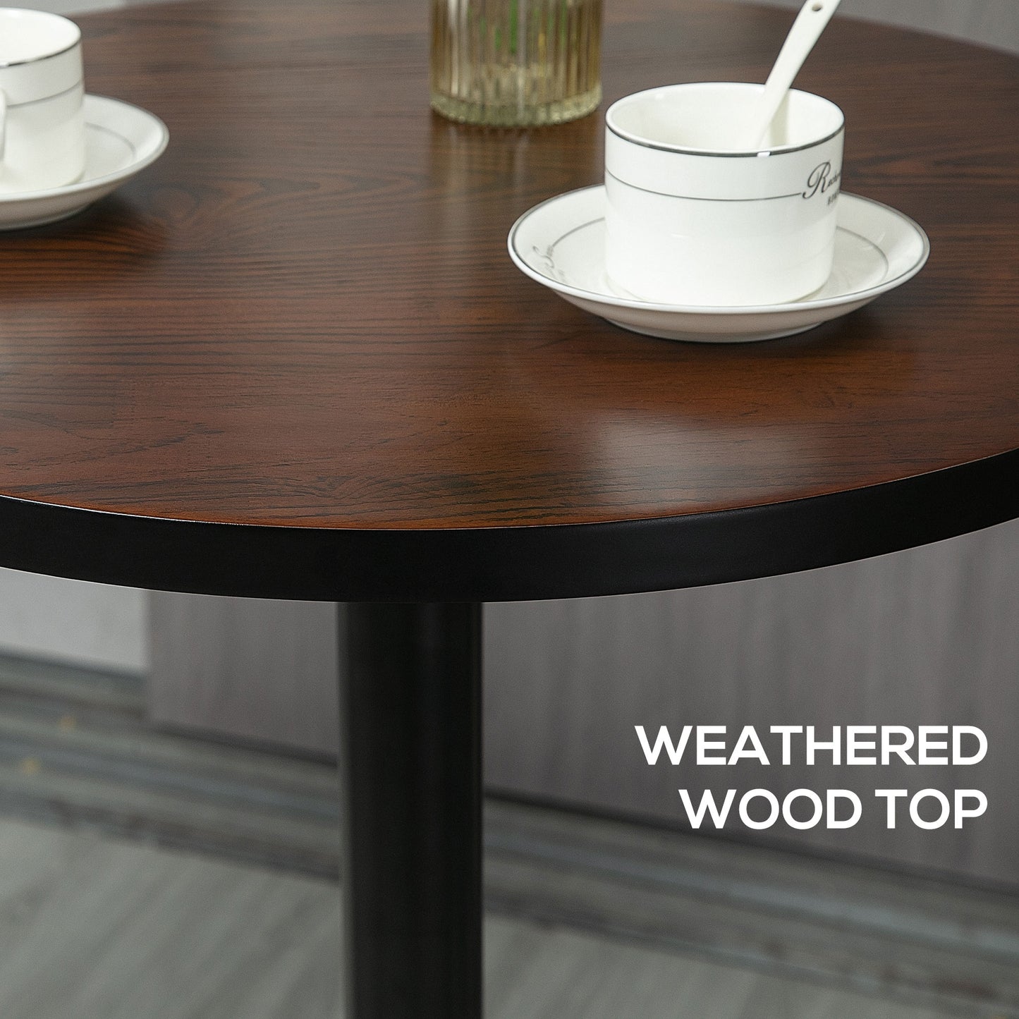Table de bistrot haute industrielle avec base en métal et plateau en bois d'orme