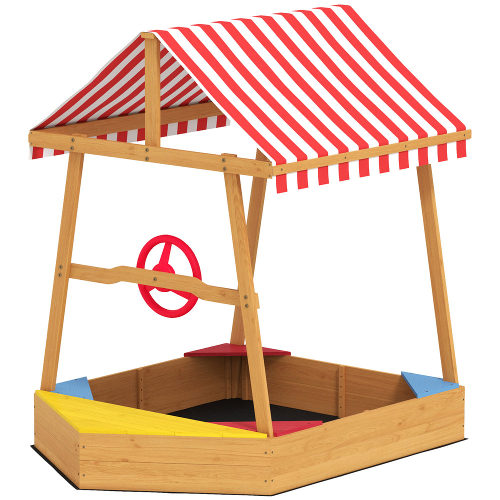Qaba Wooden Kids Sandbox with Cover, 4 Seats, Rudder, Deck, Bottom Liner, 52" x 40" x 55.5", for Ages 3-8, Yellow