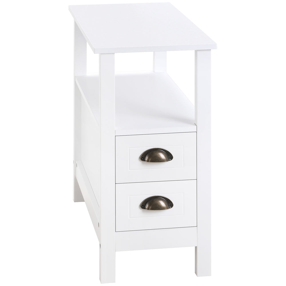 Table d'appoint étroite avec 2 tiroirs et étagère de rangement, blanche