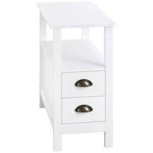 Table d'appoint étroite avec 2 tiroirs et étagère de rangement, blanche