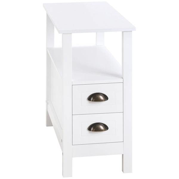 Table d'appoint étroite avec 2 tiroirs et étagère de rangement, blanche