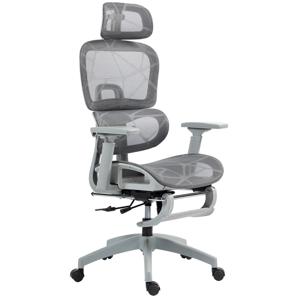 Chaise de bureau en résille avec accoudoirs 3D, dossier haut et soutien lombaire, inclinable à 135°, appui-tête réglable, gris