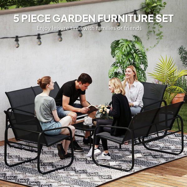 Ensemble de mobilier de patio 4 pièces comprenant 2 causeuses, 2 fauteuils et une table à plateau en verre, noir