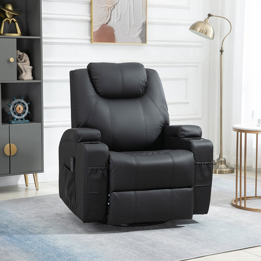 Fauteuil massant inclinable à bascule pivotant avec 8 points de vibration, cuir synthétique, porte-gobelets, poches latérales, noir