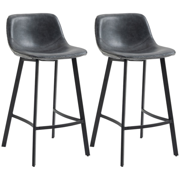 Set of 2 padded bar stools with backrest and steel legs, black