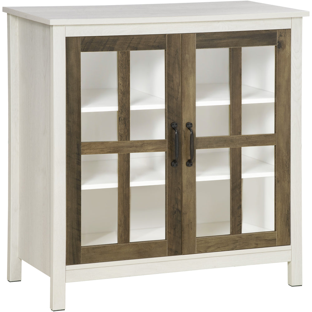 Buffet de cuisine avec 2 portes vitrées et étagère réglable pour salle à manger ou salon, blanc vieilli