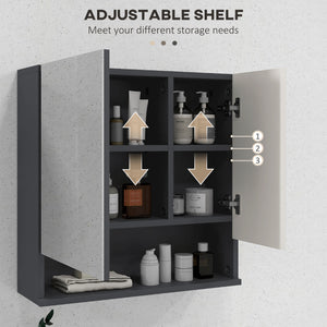 Wall-mounted bathroom cabinet with mirror, adjustable shelf, and soft-close mechanism, light gray