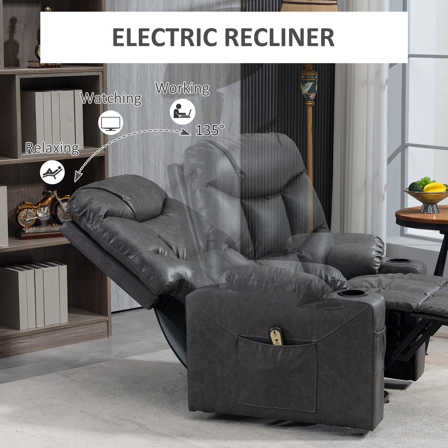 Fauteuil releveur inclinable électrique en cuir avec montage rapide, télécommande, porte-gobelets, poches latérales, gris