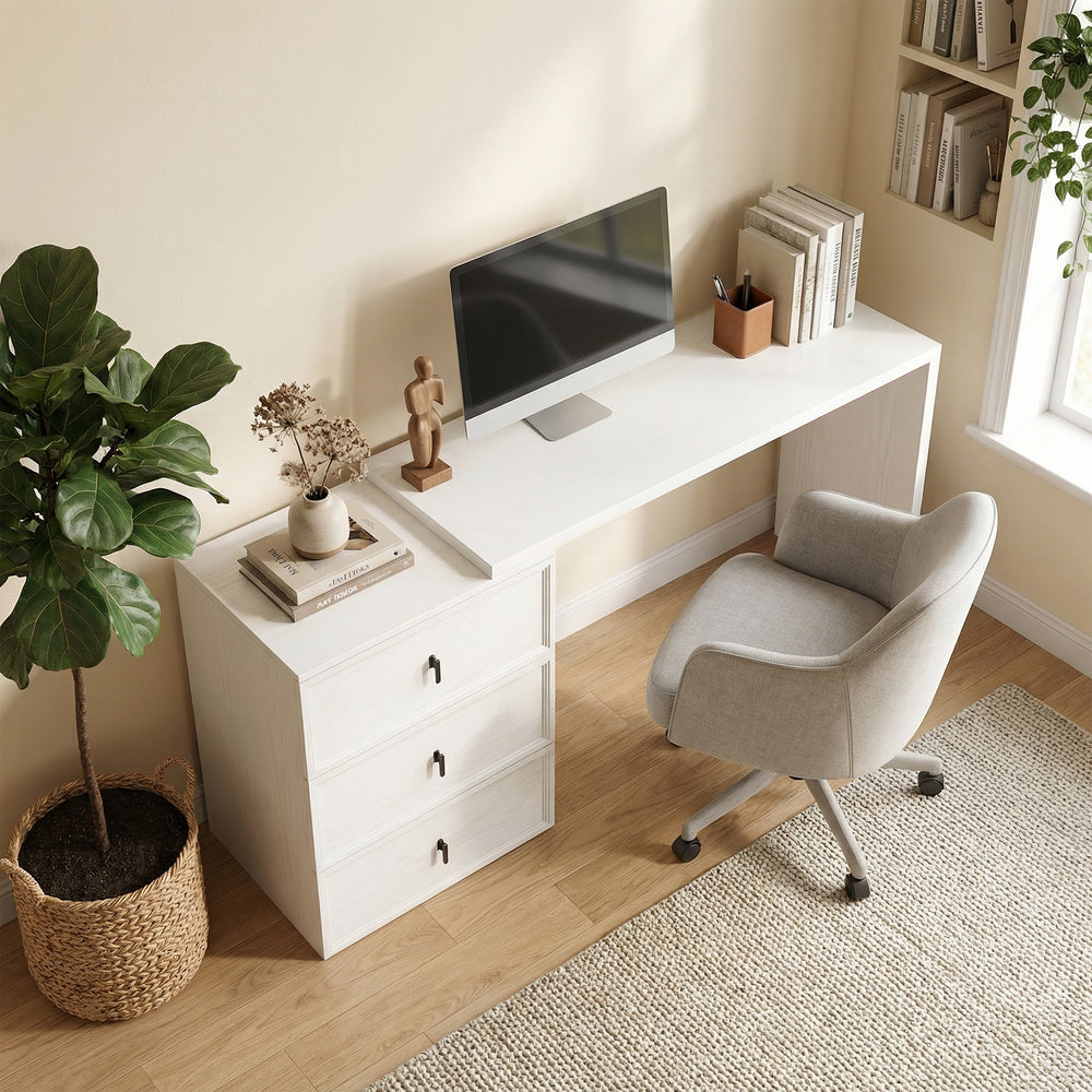 Bureau d’ordinateur convertible droit ou en L avec 3 tiroirs et grand espace de travail – Blanc effet bois