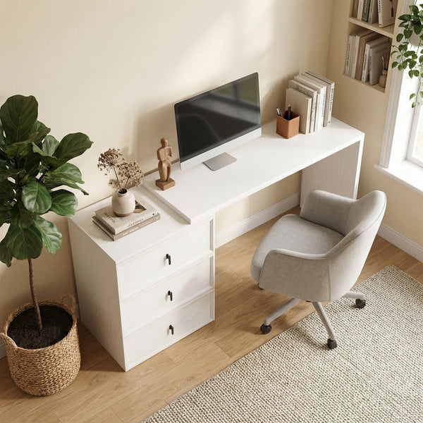 L-Shaped Computer Desk Home Office Desk with 3 Drawers White Wood Grain