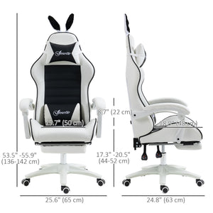 PU leather gaming chair with footrest, headrest and lumbar support, white and black