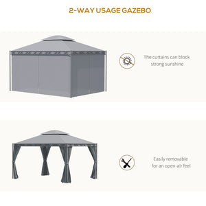 Gazebo 10'x13' couvert à deux niveaux en acier avec rideau, gris