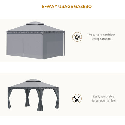 Gazebo 10'x13' couvert à deux niveaux en acier avec rideau, gris