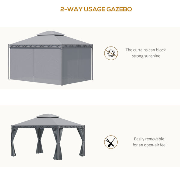 Gazebo 10'x13' couvert à deux niveaux en acier avec rideau, gris