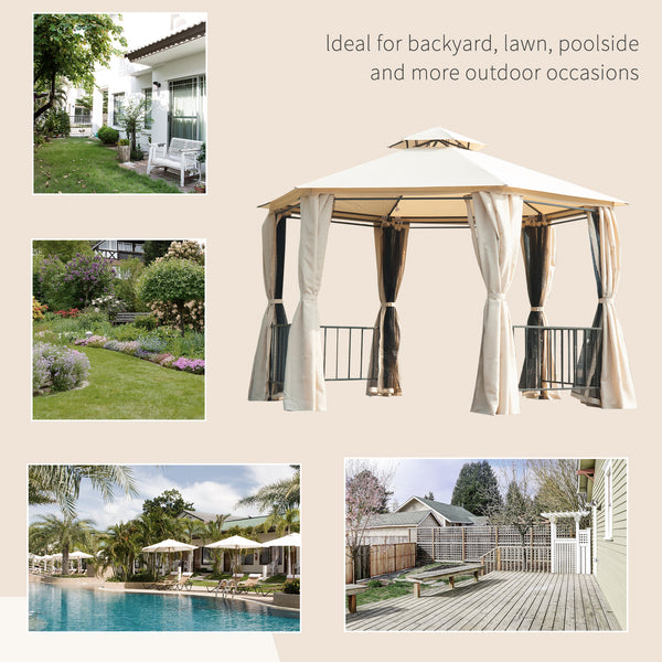 Gazebo hexagonal 13 pi avec moustiquaire et rideaux ombragés, beige