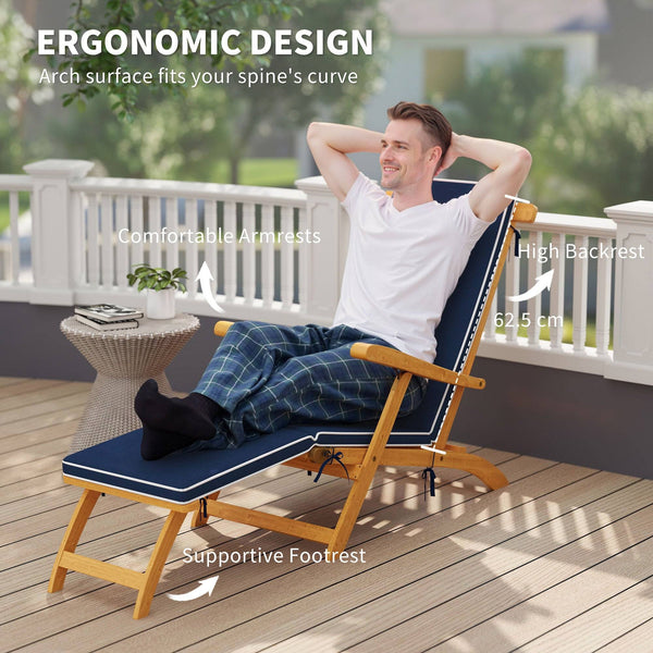 Chaise longue pliante avec coussin rembourré, inclinable en bois d'acacia avec repose-pieds pour jardin, bleu marine