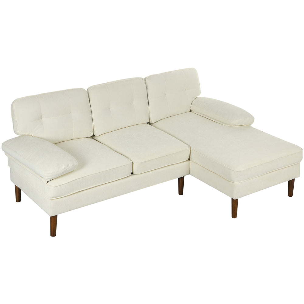 Modern corner sofa with right chaise longue, 3 seater upholstered sofa with wooden legs, cream white
