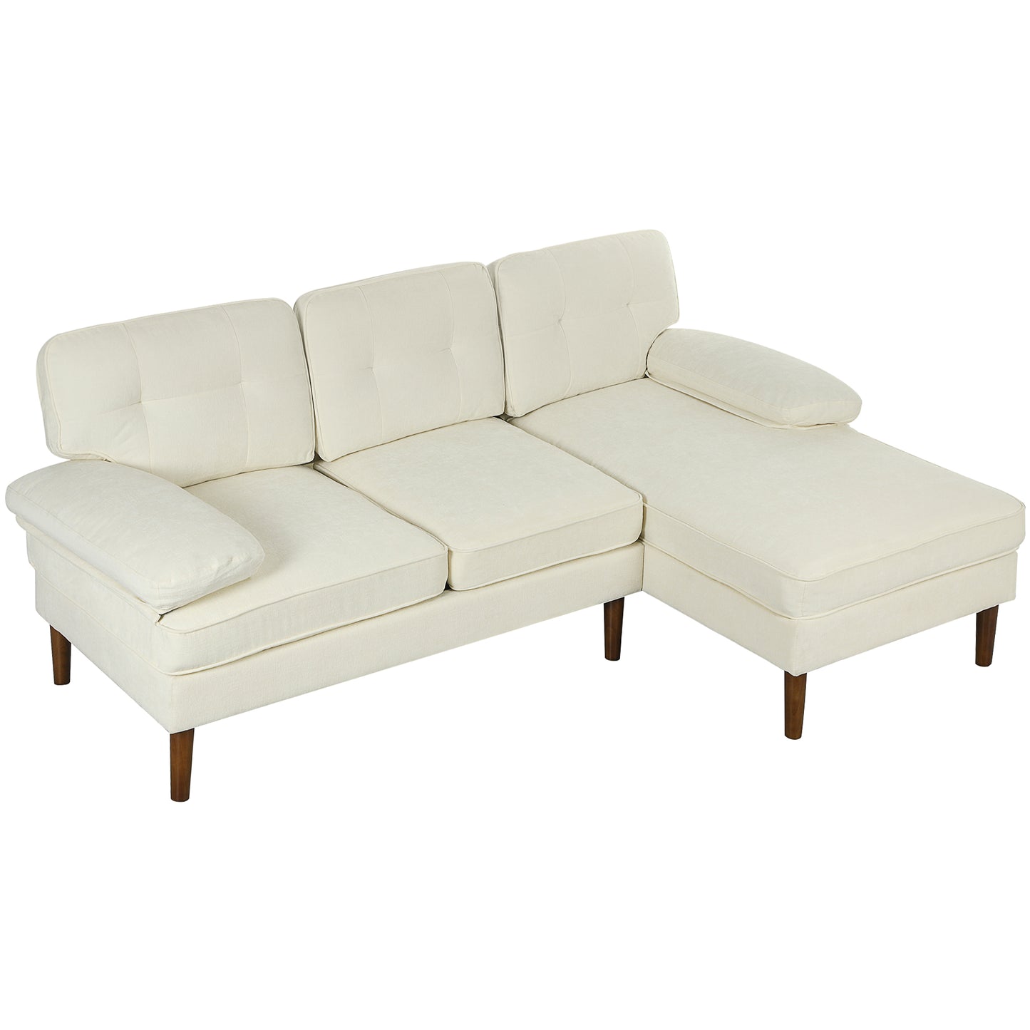 Canapé d'angle moderne avec méridienne droite, canapé 3 places capitonné avec pieds en bois, blanc crème
