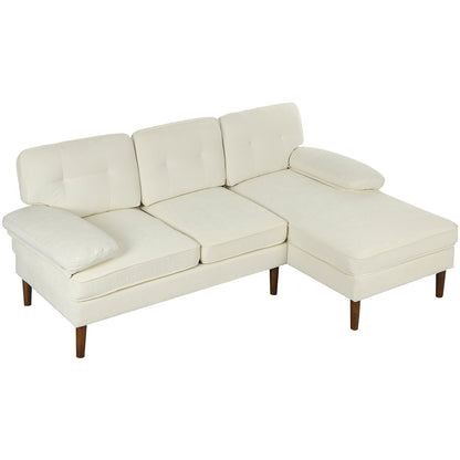 Canapé d'angle moderne avec méridienne droite, canapé 3 places capitonné avec pieds en bois, blanc crème