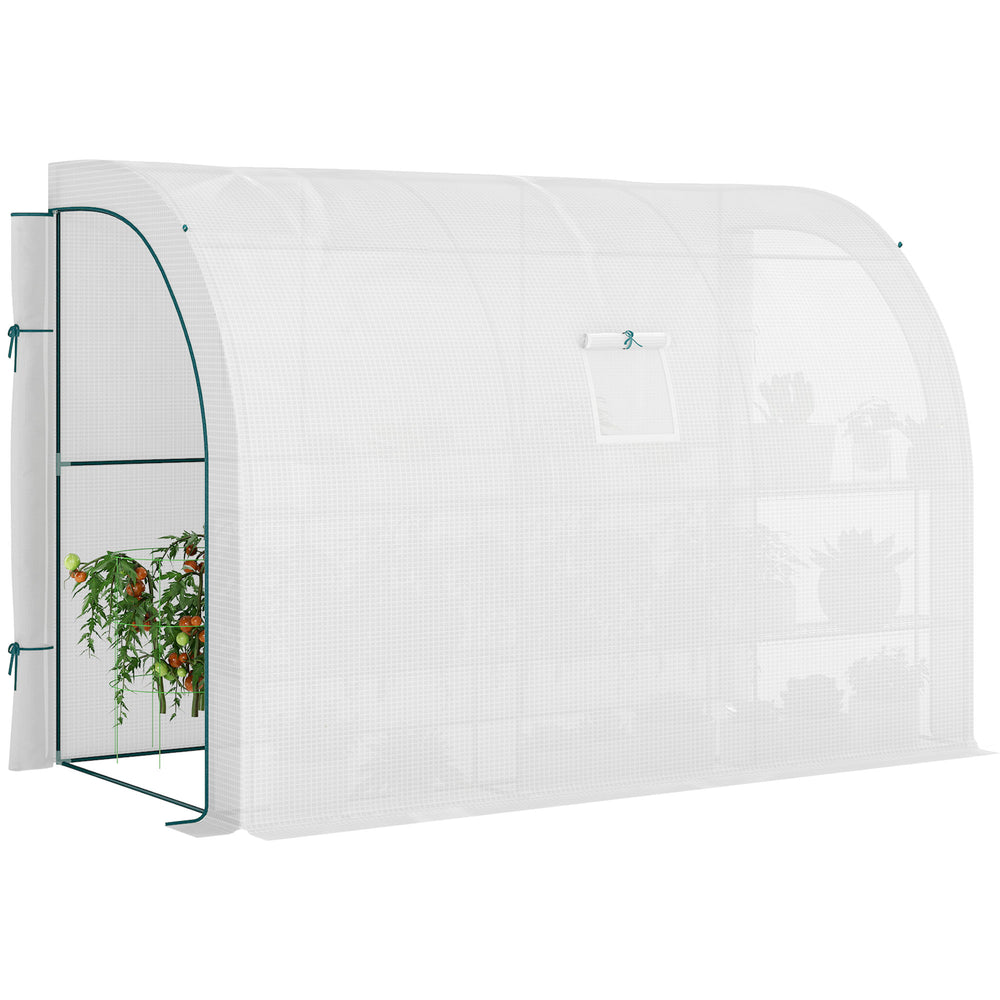 Lean-to greenhouse with windows and 2 zippered doors, white
