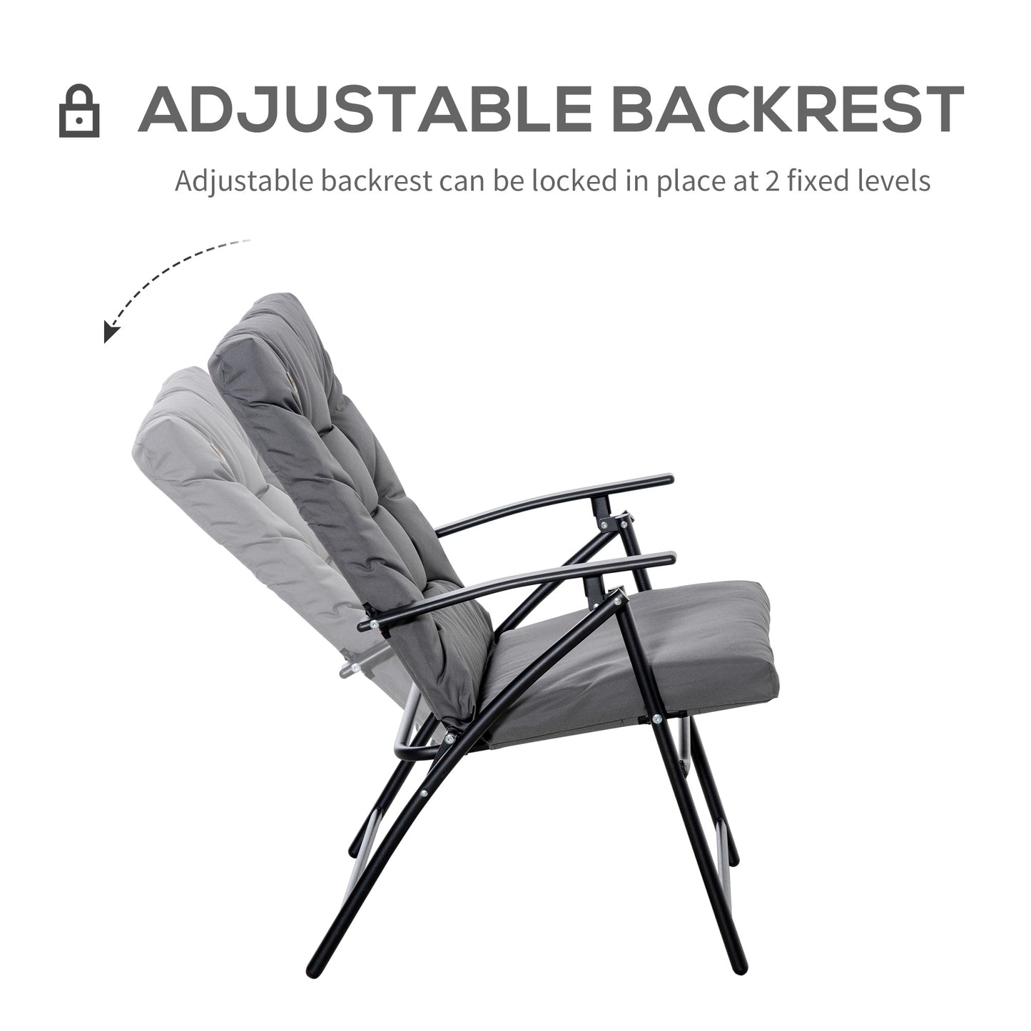 Chaise pliable inclinable en tissu avec accoudoirs, structure en métal, gris