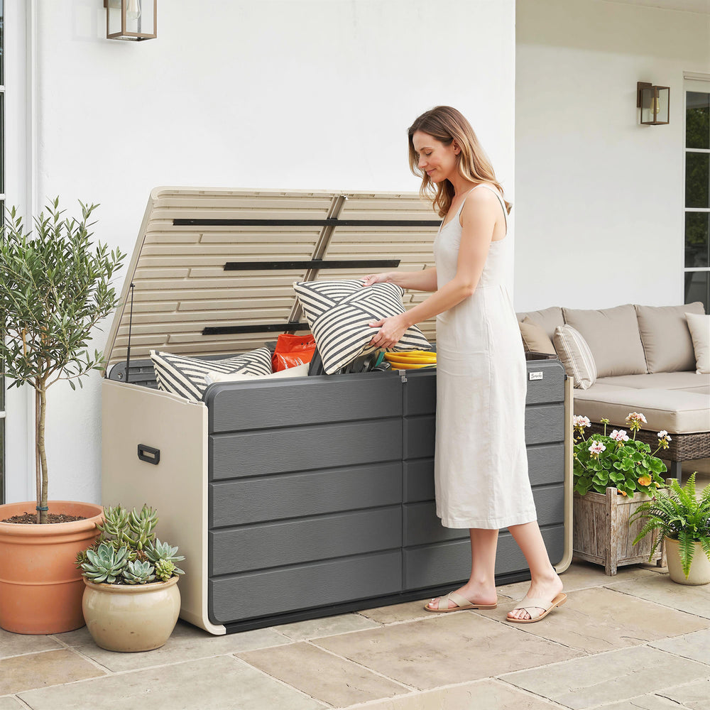Coffre de rangement extérieur avec couvercle verrouillable et roulettes, 757 L