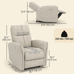 Fauteuil inclinable électrique, revêtement en tissu, ports USB, repose-pieds, beige