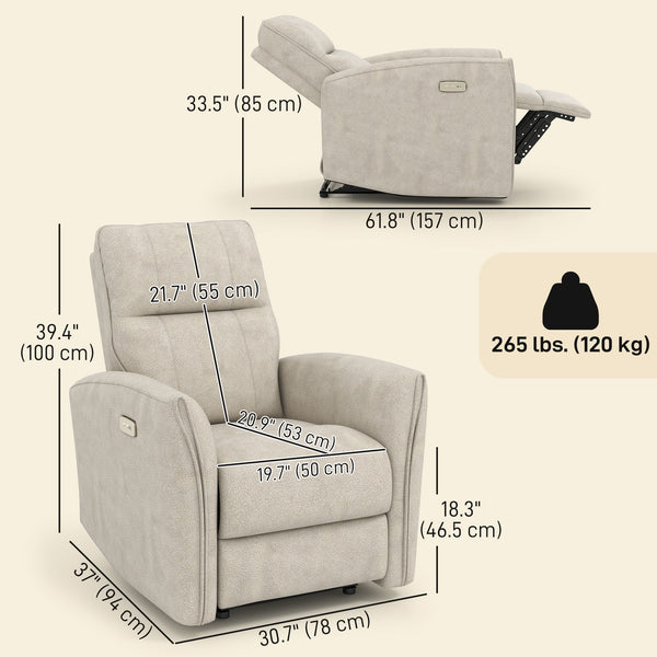 Fauteuil inclinable électrique, revêtement en tissu, ports USB, repose-pieds, beige
