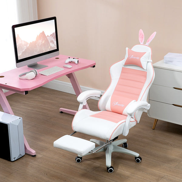PU leather gaming chair with footrest, headrest and lumbar support, white and pink