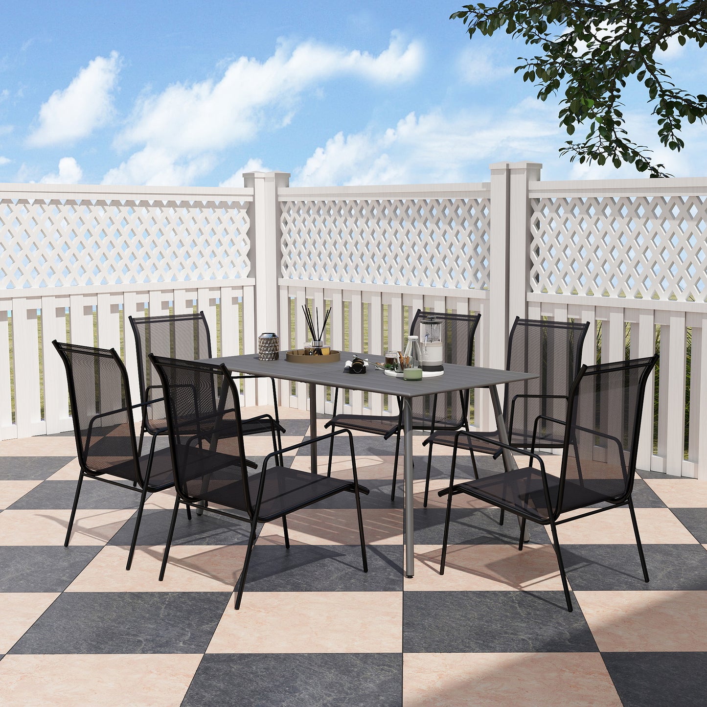 Outsunny Rectangular Dining Table for 6 People, Steel Slatted Outdoor Table for Lawn and Garden, 150 x 80 x 74 cm, Grey