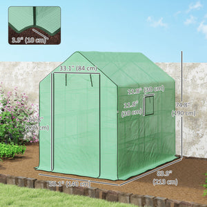 Three-tier garden greenhouse with roll-up door and screened windows, green