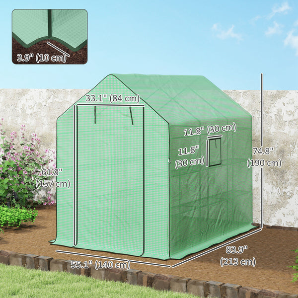 Three-tier garden greenhouse with roll-up door and screened windows, green