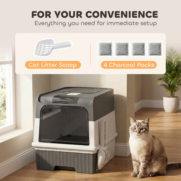 Cat Litter Box with Lid, Enclosed Kitty Litter Box with Pull-Out Drawer Tray, Scoop, 4 Deodorizing Bags, Gray