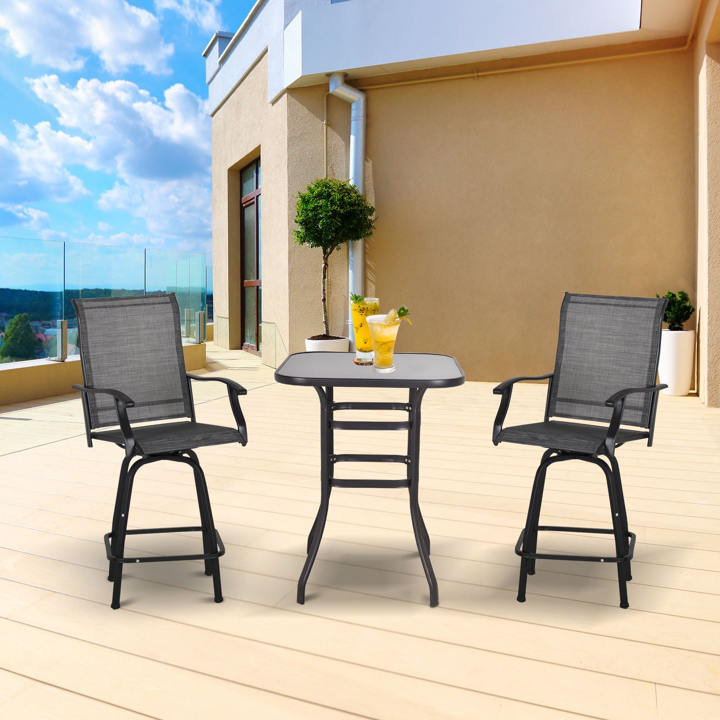 Outsunny 3 Piece Outdoor Patio Bar Set 2 Swivel Stool and 1 Bistro Table All-Weather Metal Frame for Balcony Backyard Deck Gray |