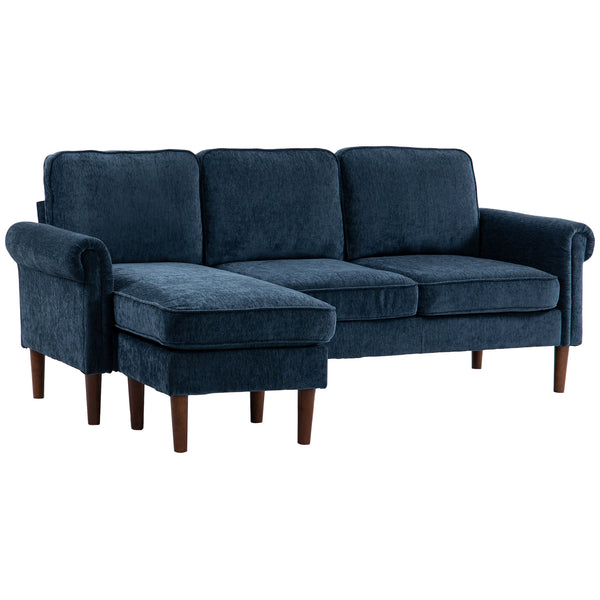 Canapé d'angle moderne avec méridienne amovible, pieds en bois, bleu foncé