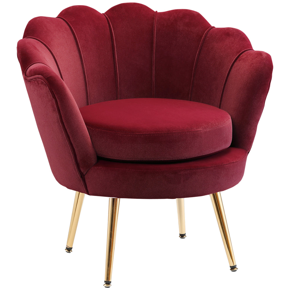 Fauteuil d'appoint lotus en tissu velours avec pieds en métal doré, bordeaux