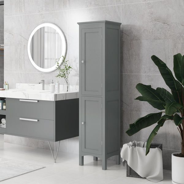 Freestanding tall bathroom cabinet with adjustable shelves and cupboards, grey