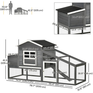 Wooden chicken coop with removable tray, nesting box, run, and ramp, grey