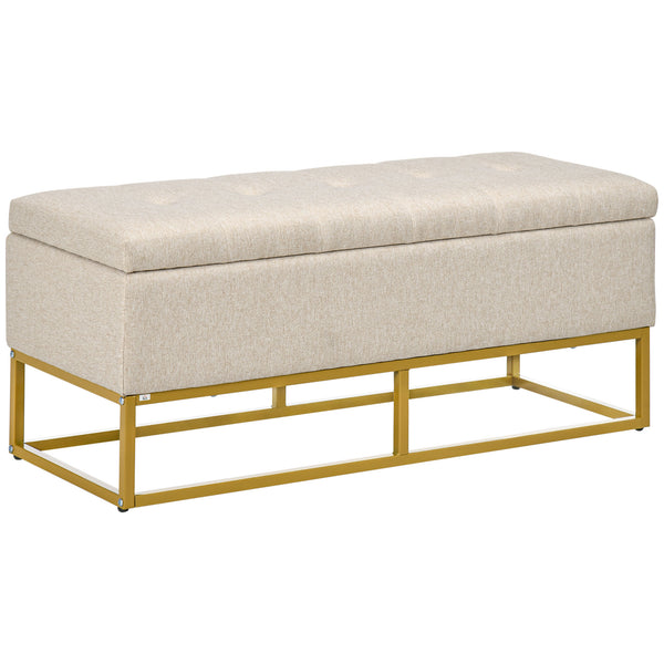 Pouf de rangement avec plateau rabattable rembourré, beige