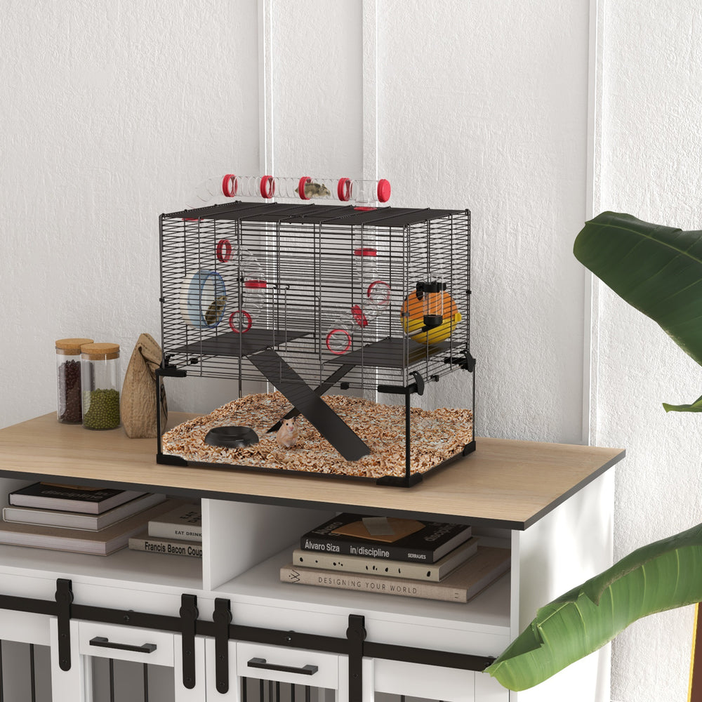 Cage with deep glass bottom, tunnel system, platforms and nest box