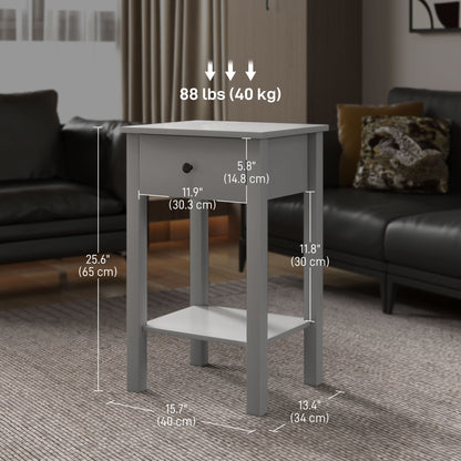 Lot de 2 tables d'appoint avec tiroir et étagère inférieure, table de chevet à 2 niveaux, salon, gris