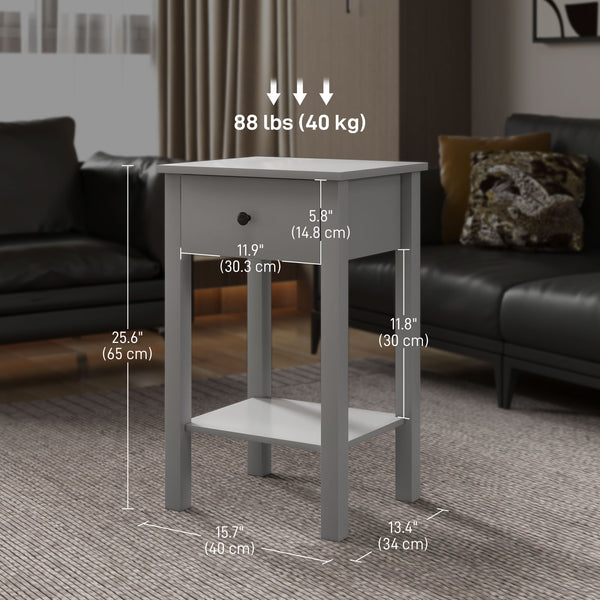 Lot de 2 tables d'appoint avec tiroir et étagère inférieure, table de chevet à 2 niveaux, salon, gris