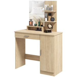Coiffeuse avec miroir, tiroir et compartiment ouvert, bois naturel