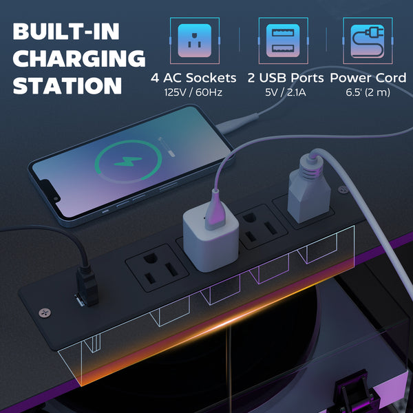 Bureau gaming 96 pouces  double pour 2 personnes avec prises électriques et supports pour écrans, noir