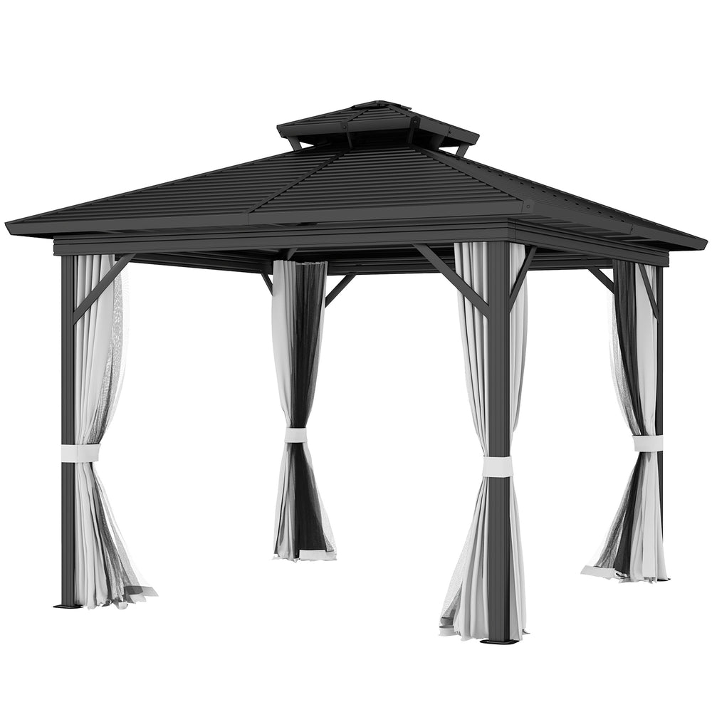 Gazebo 10x10 avec toit métallique à double niveau, moustiquaire et crochet de suspension, gris clair