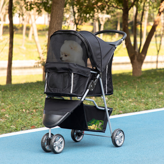 3-Wheel Foldable Stroller with Storage Basket for Miniature and Small Dogs, Black
