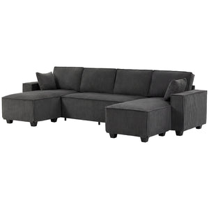U-shaped modular corner sofa with double chaise longue and spring cushions, dark grey