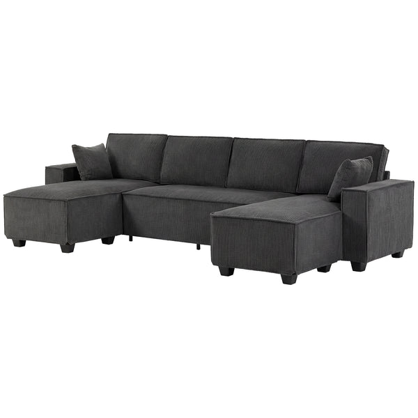 U-shaped modular corner sofa with double chaise longue and spring cushions, dark grey