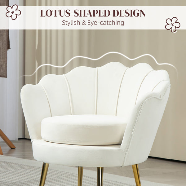 Fauteuil d'appoint lotus en tissu velours avec pieds en métal doré, blanc crème