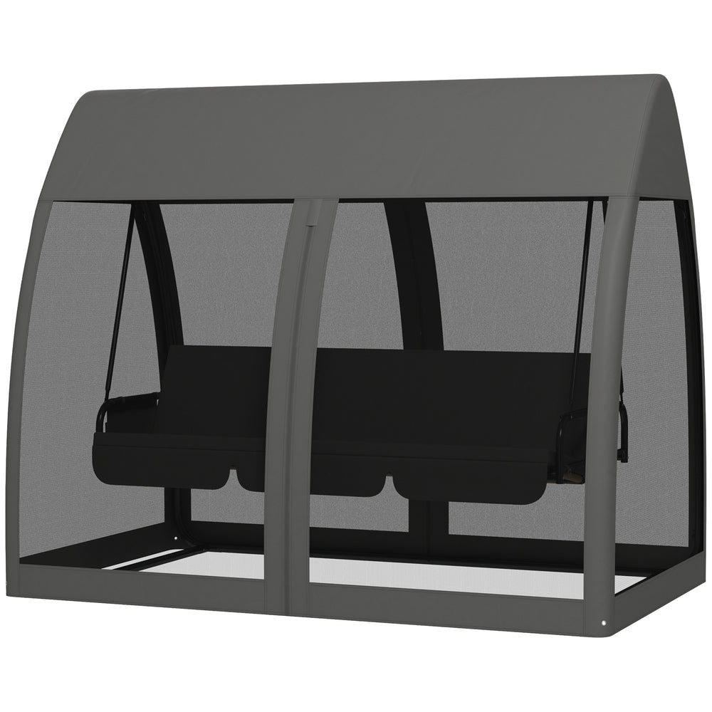 3-Seater Outdoor Swing Chair Chaise Lounger Bed Garden Hammock with Steel Stand, Canopy Netting Walls, Dark Grey